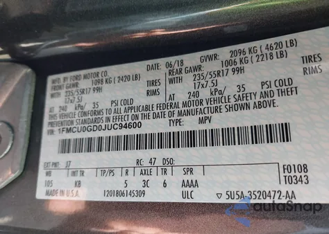 2018 Ford Escape Se from USA, damaged, VIN 1FMCU0GD0JUC94600